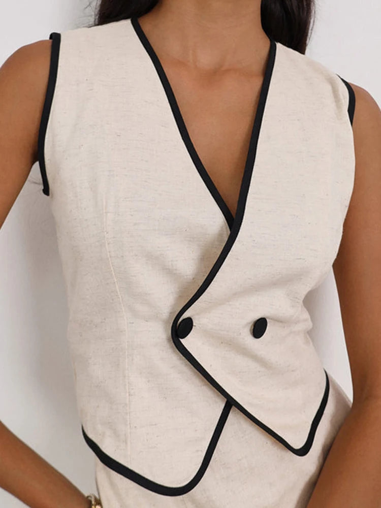 Linen V-Neck Vest & Mini Skirt Set