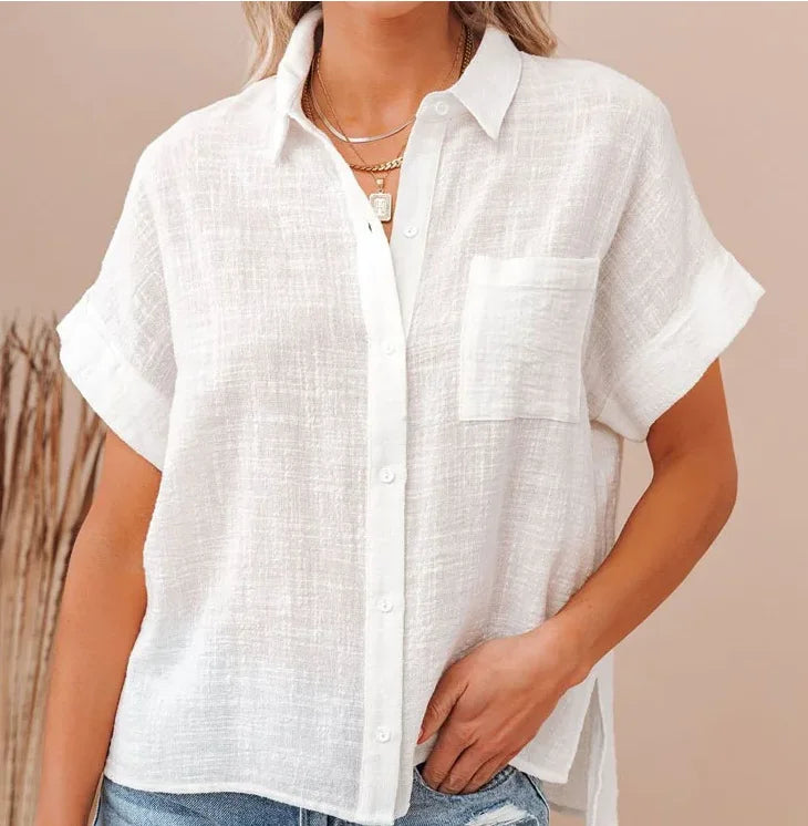 Cotton-Linen Button-Up Short-Sleeve Blouse