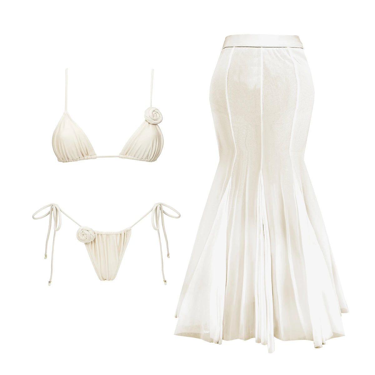 Floral Mesh-Skirt Bandeau Bikini Set