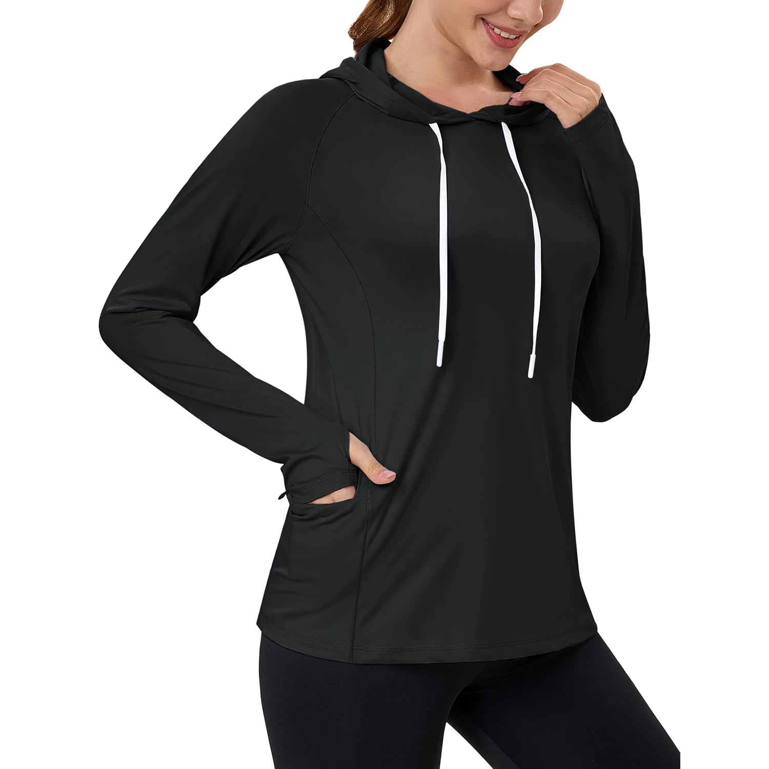 TACVASEN Women's UPF80+ Windproof Quick-Dry Hooded Long Sleeve Shirt with Raglan Thumbhole & Hidden Pocket Hair Port