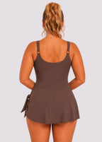 Scoop-Neck Side-Slit Swim Dress – Brown
