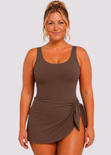 Scoop-Neck Side-Slit Swim Dress – Brown