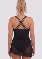 Ruched Mesh-Panel Swim Dress – Black