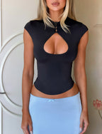 Cutout Mock-Neck Cap-Sleeve Top – Black