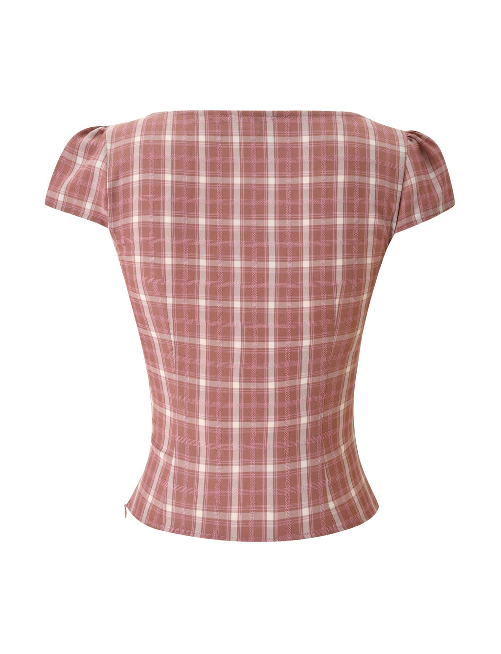 Plaid Square-Neck Puff-Sleeve Top – Pink