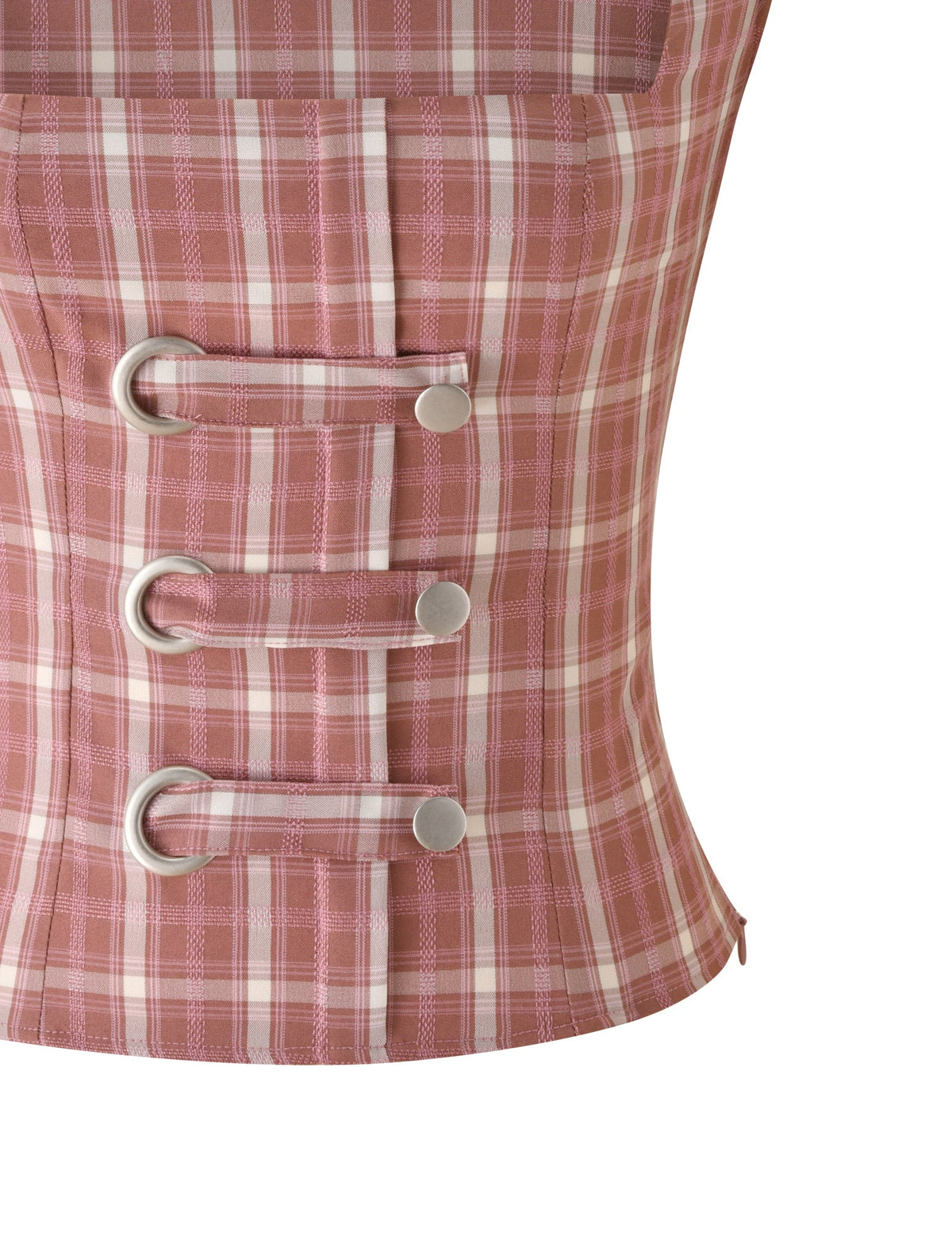 Plaid Square-Neck Puff-Sleeve Top – Pink