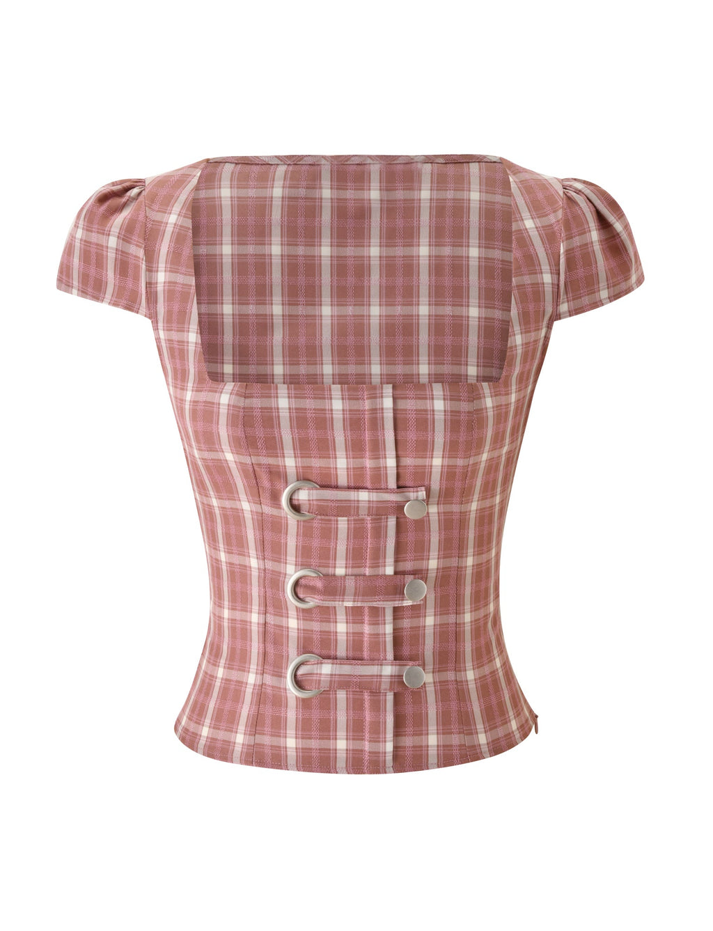 Plaid Square-Neck Puff-Sleeve Top – Pink