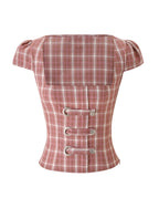 Plaid Square-Neck Puff-Sleeve Top – Pink