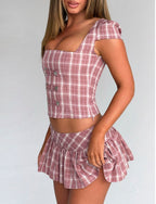 Plaid Square-Neck Puff-Sleeve Top – Pink