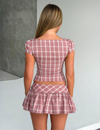 Plaid Square-Neck Puff-Sleeve Top – Pink
