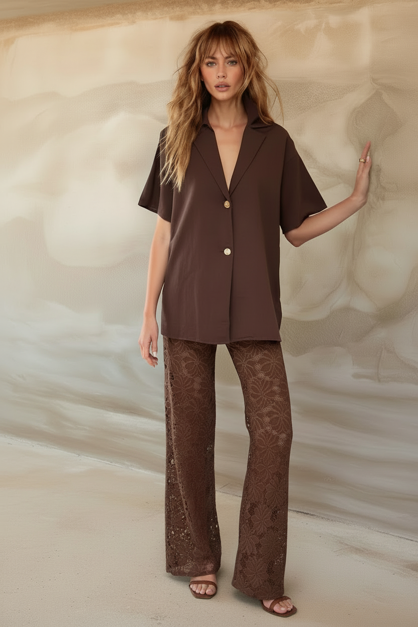 Women's brown two piece set with collared shirt and sheer lace trousers