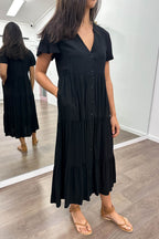 Relaxed Button-Front Midi Dress — Black