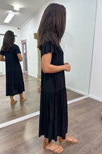 Relaxed Button-Front Midi Dress — Black