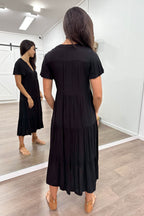 Relaxed Button-Front Midi Dress — Black