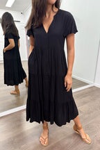 Relaxed Button-Front Midi Dress — Black
