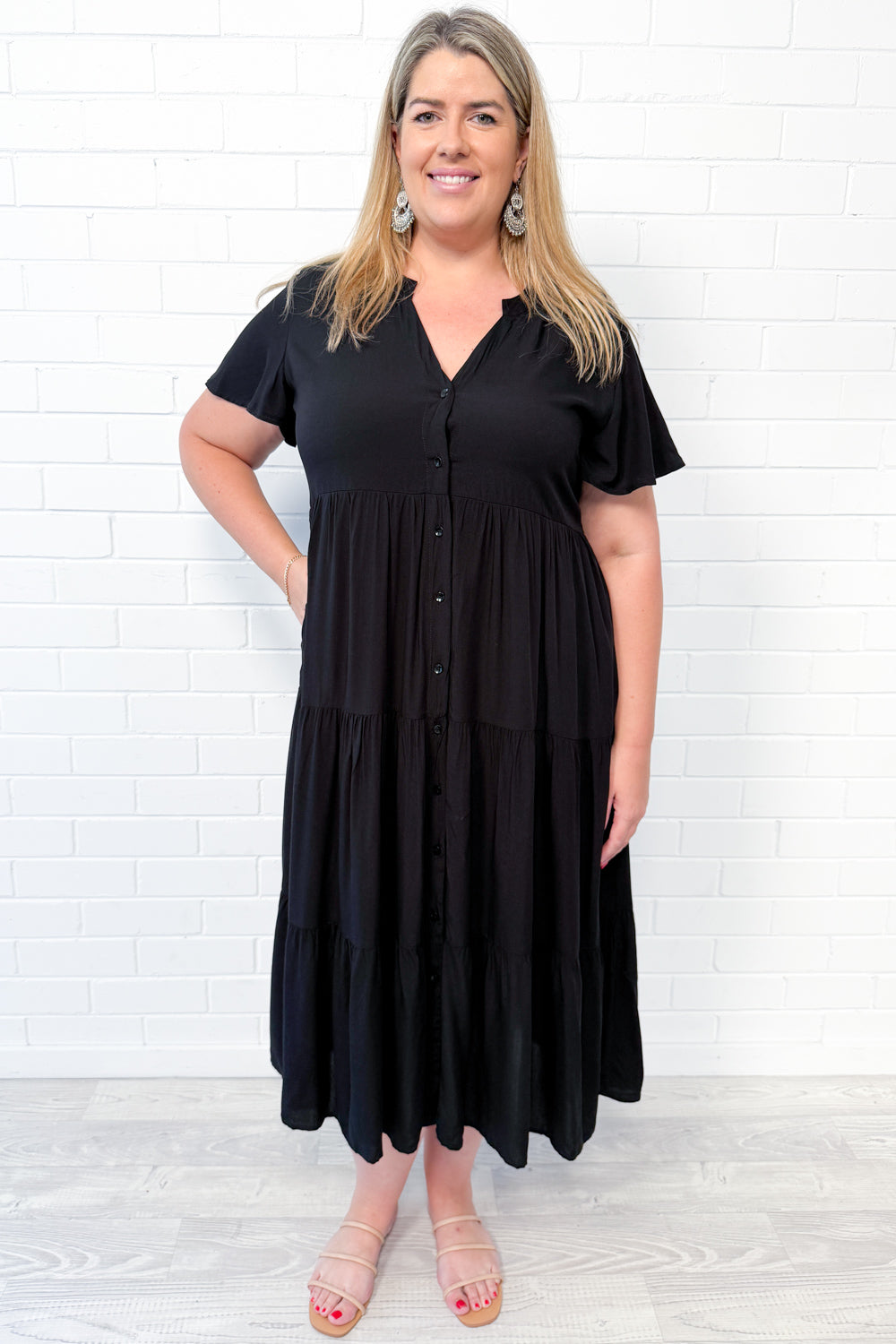 Relaxed Button-Front Midi Dress — Black
