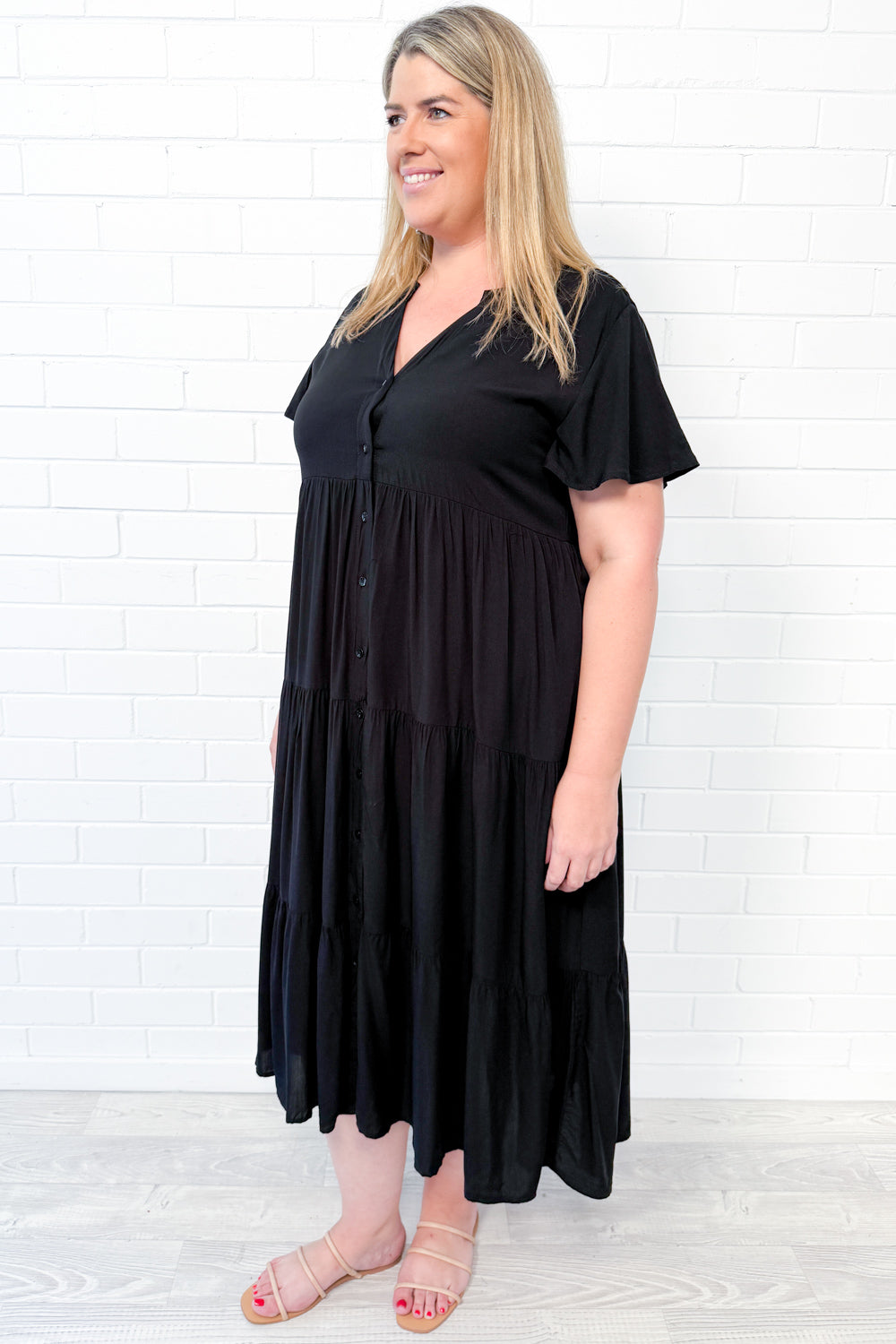 Relaxed Button-Front Midi Dress — Black