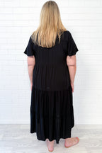 Relaxed Button-Front Midi Dress — Black