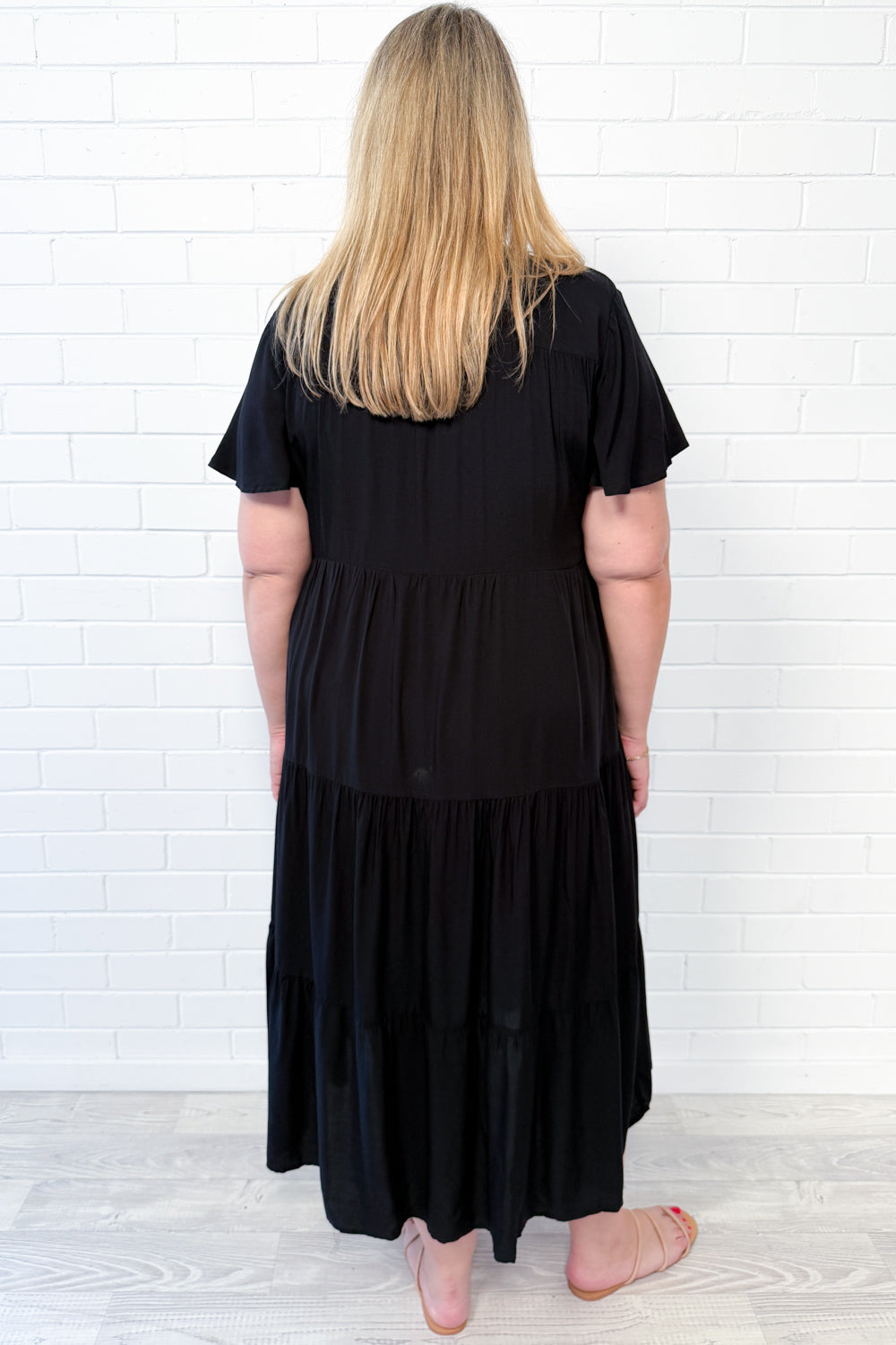 Relaxed Button-Front Midi Dress — Black