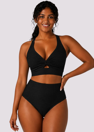 Textured Twist-Front High-Waist Bikini – Black