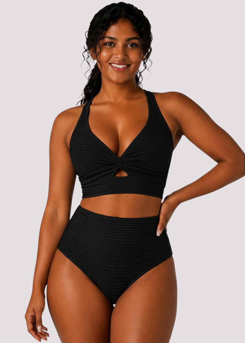 Textured Twist-Front High-Waist Bikini – Black