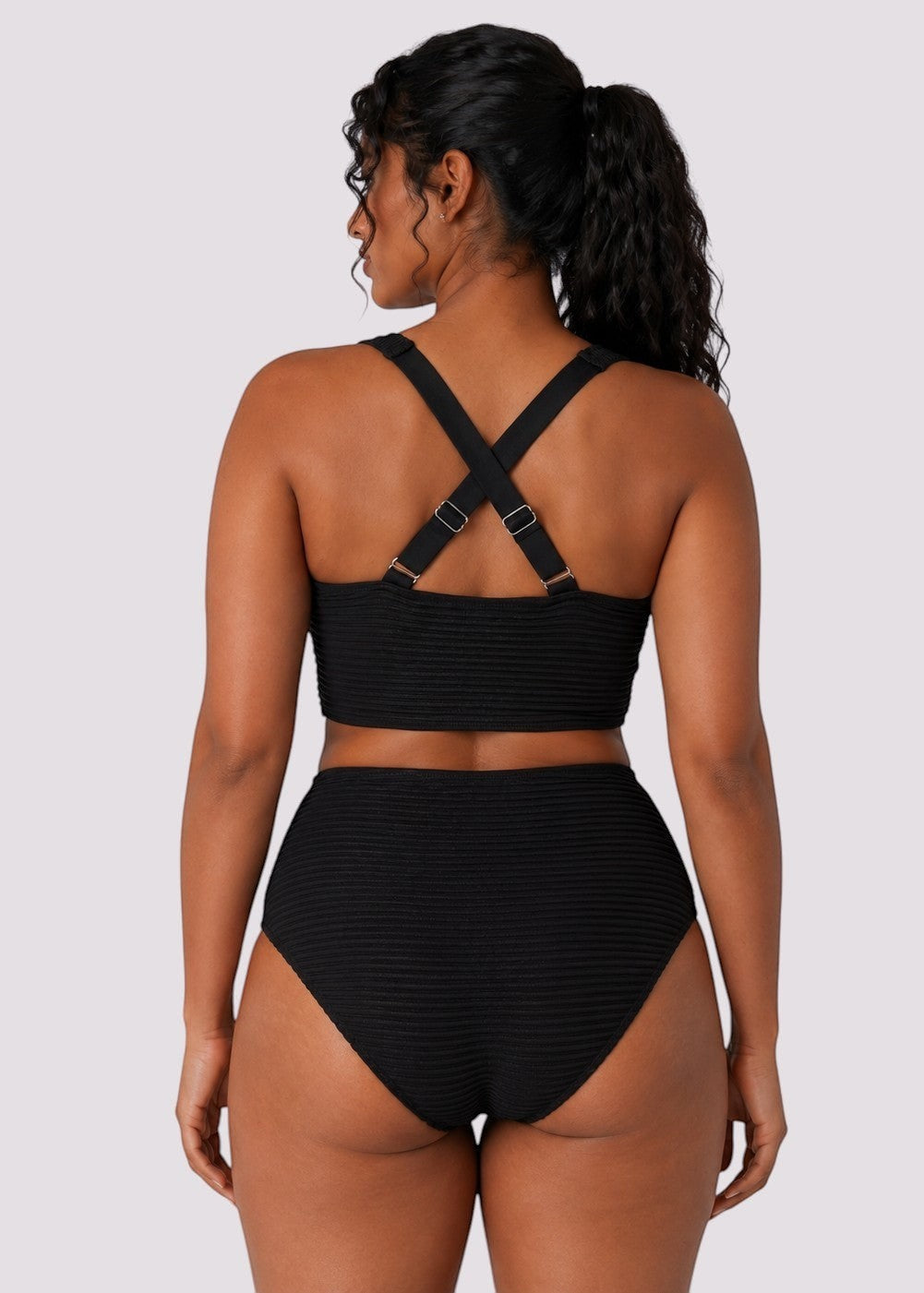 Textured Twist-Front High-Waist Bikini – Black
