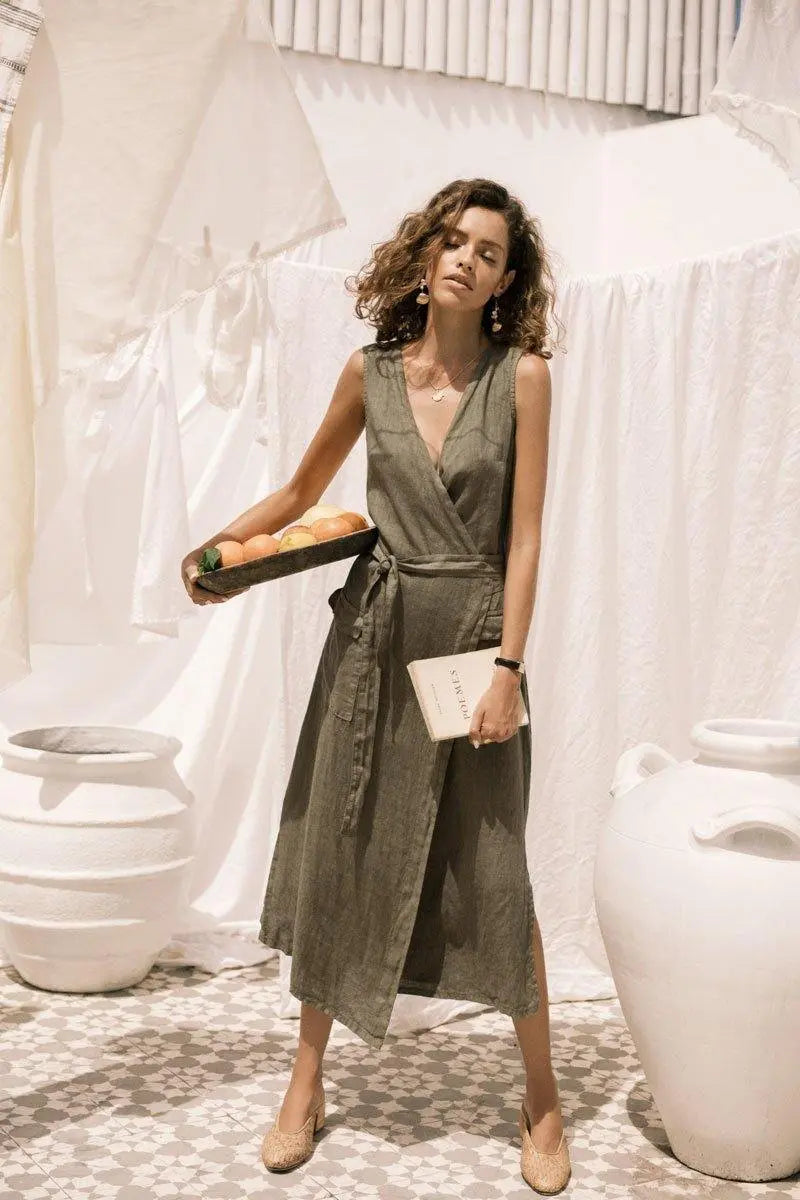 Safari Linen Wrap Midi Dress – Khaki by Aurelia Sun