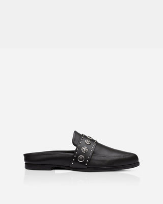 Tuesday Western Leather Mule – Black/Silver