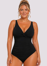 Ruched Twist-Front One-Piece Swimsuit – Black