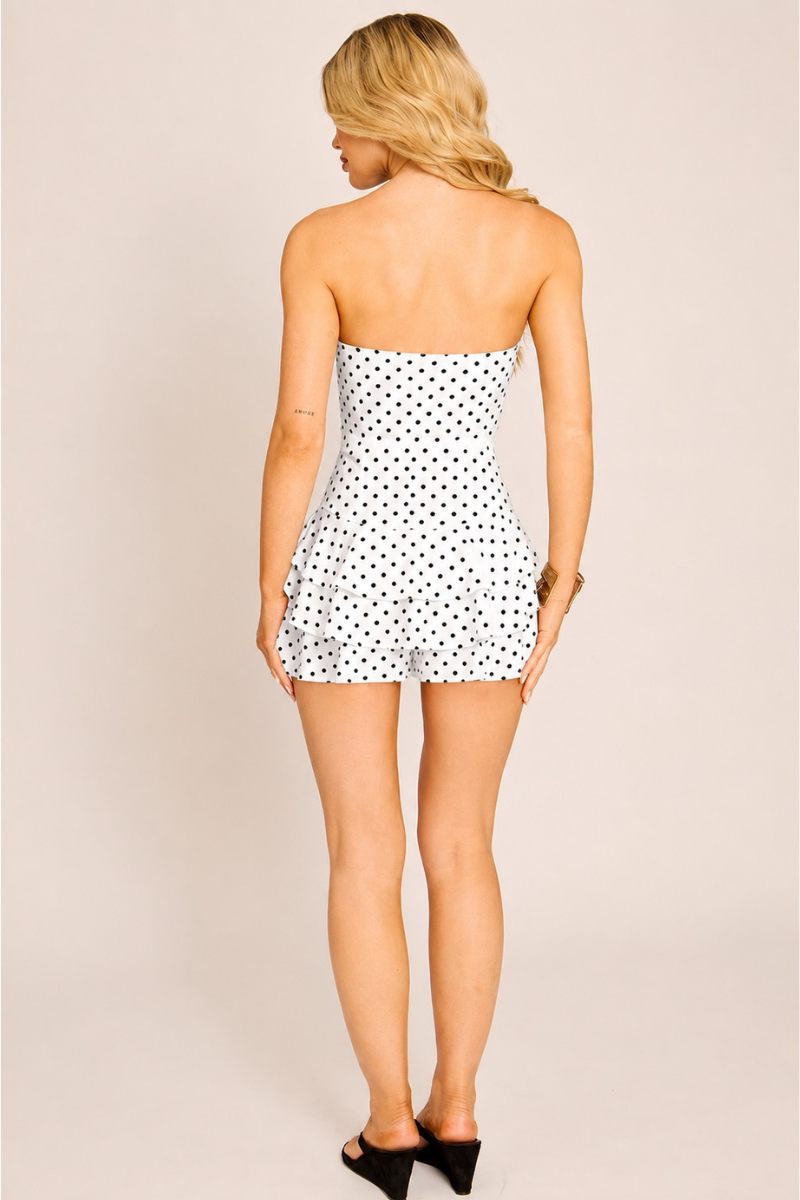 White Polka Dot Bandeau Ruffle Playsuit