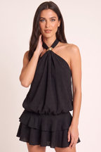 Black Gold-Trim Halter Ruffle Playsuit