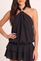 Black Gold-Trim Halter Ruffle Playsuit
