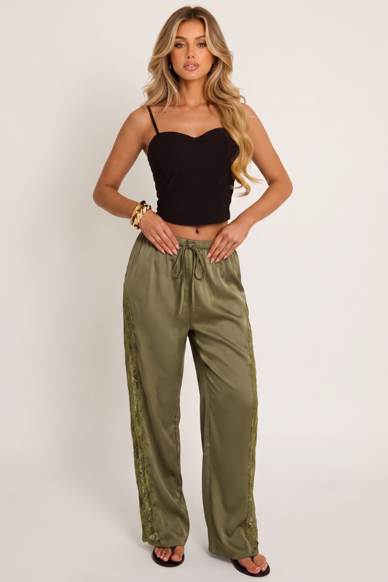 Khaki Lace-Panel Satin Wide-Leg Trousers