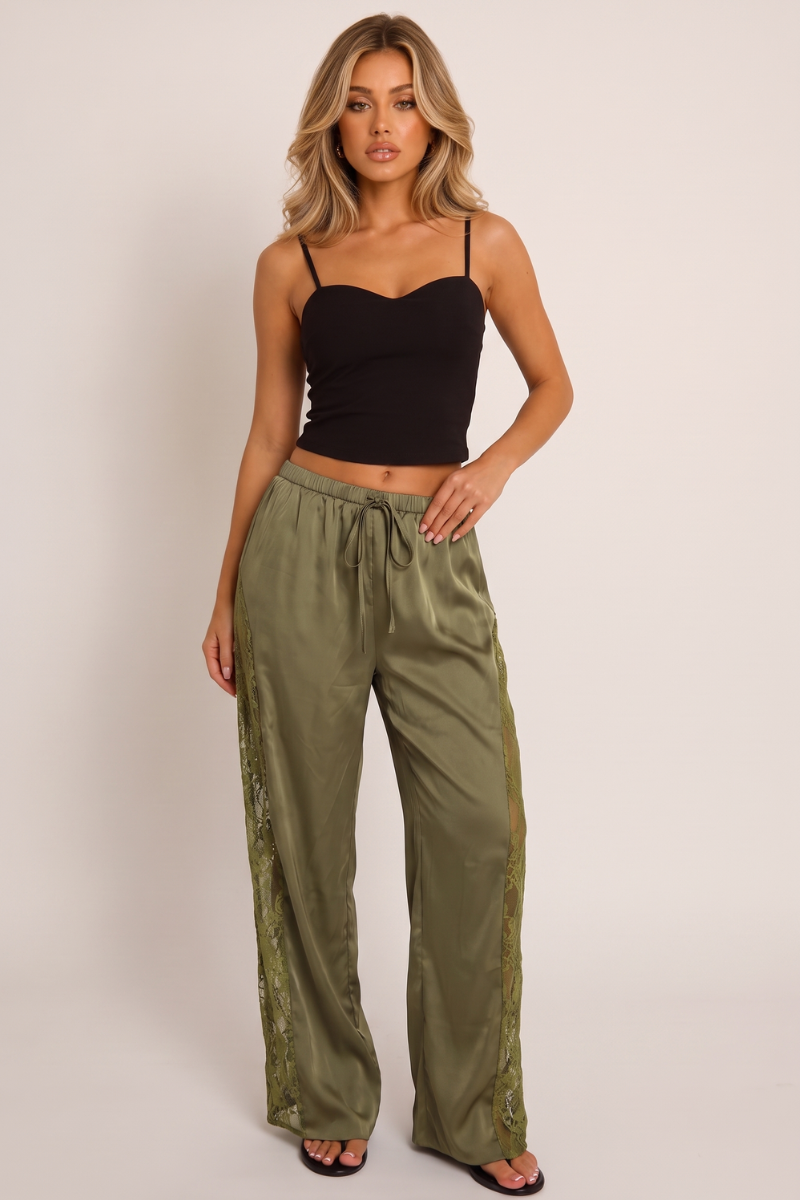 Khaki Lace-Panel Satin Wide-Leg Trousers