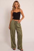 Khaki Lace-Panel Satin Wide-Leg Trousers