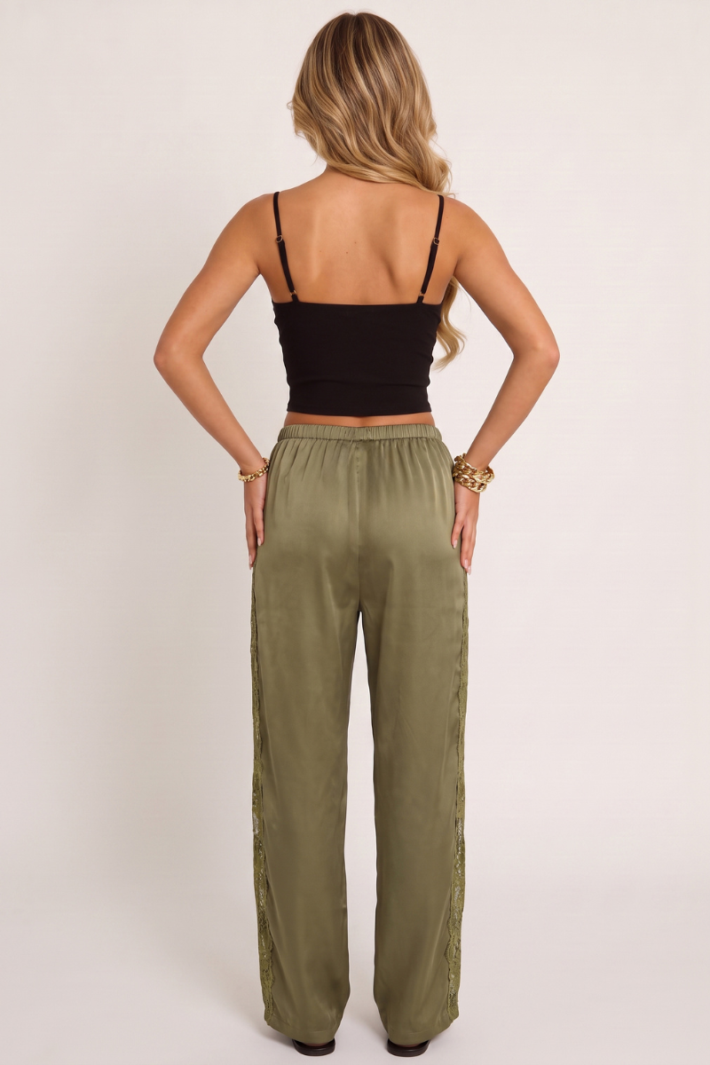 Khaki Lace-Panel Satin Wide-Leg Trousers