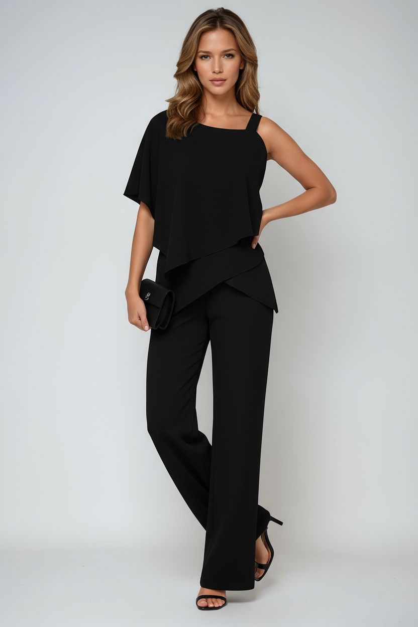 Asymmetric Overlay Wide-Leg Jumpsuit