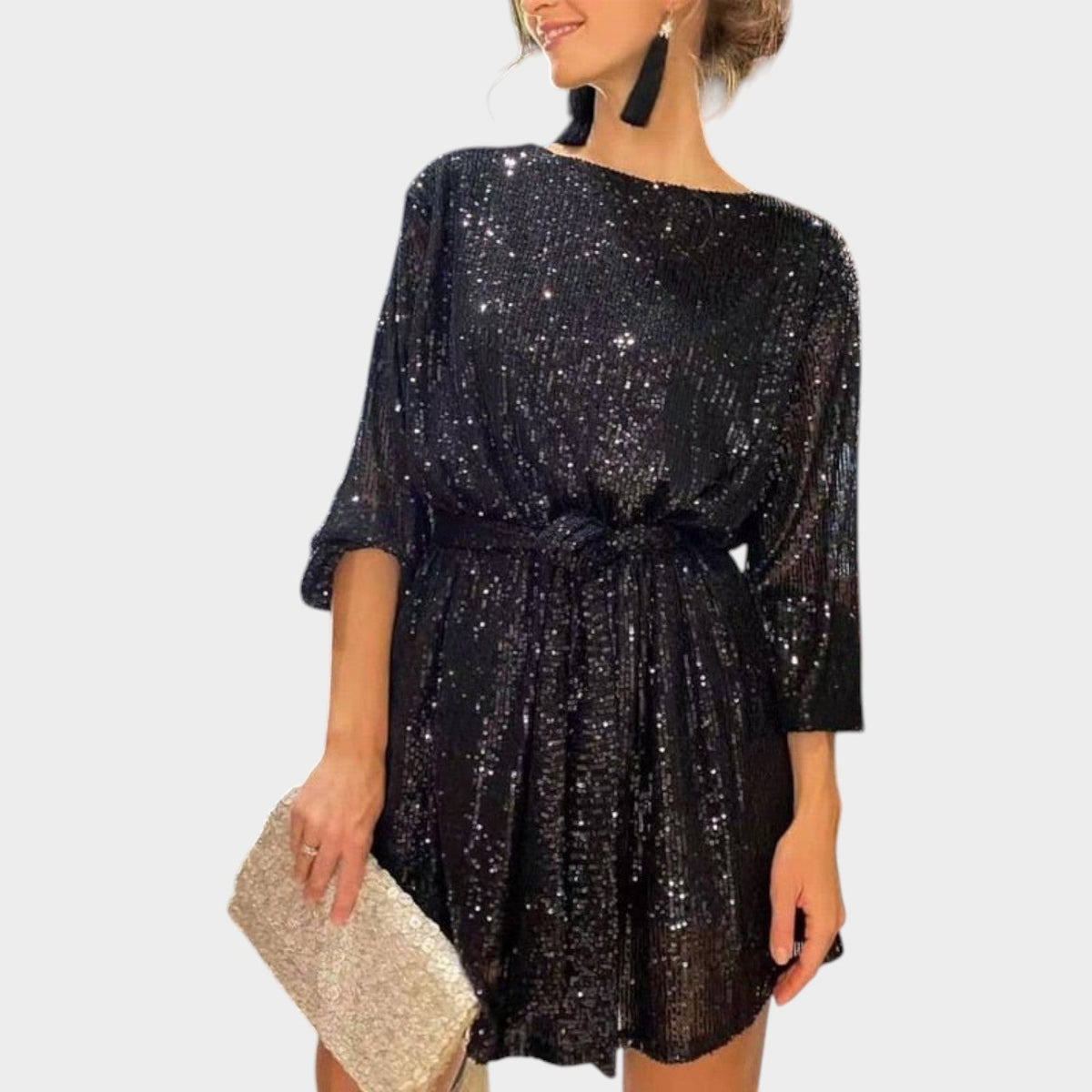 Bianca Sequin Tie-Waist Mini Dress in Black by Aurelia Sun
