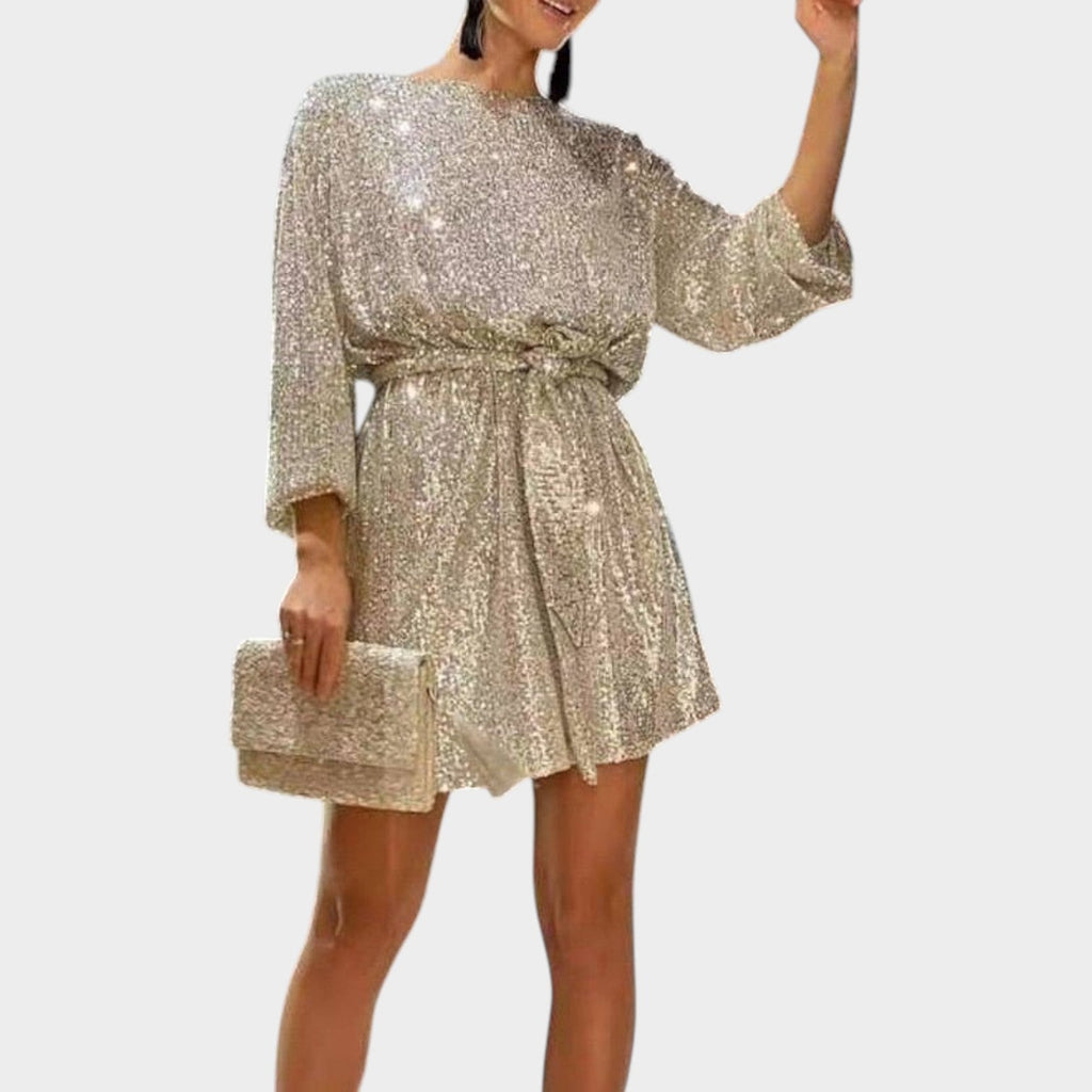Bianca Sequin Tie-Waist Mini Dress in Black by Aurelia Sun