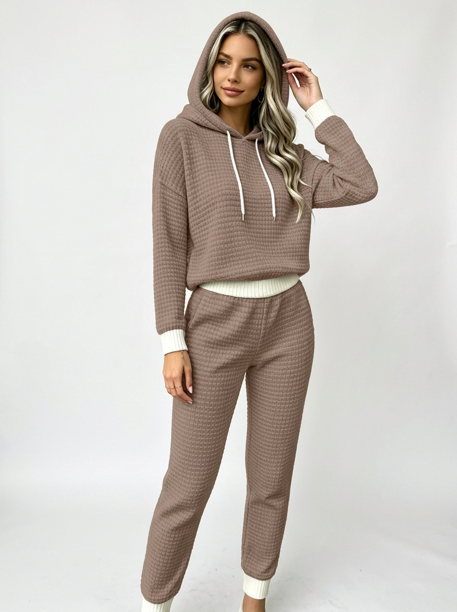 Noelle Waffle Hoodie Lounge Set – Beige