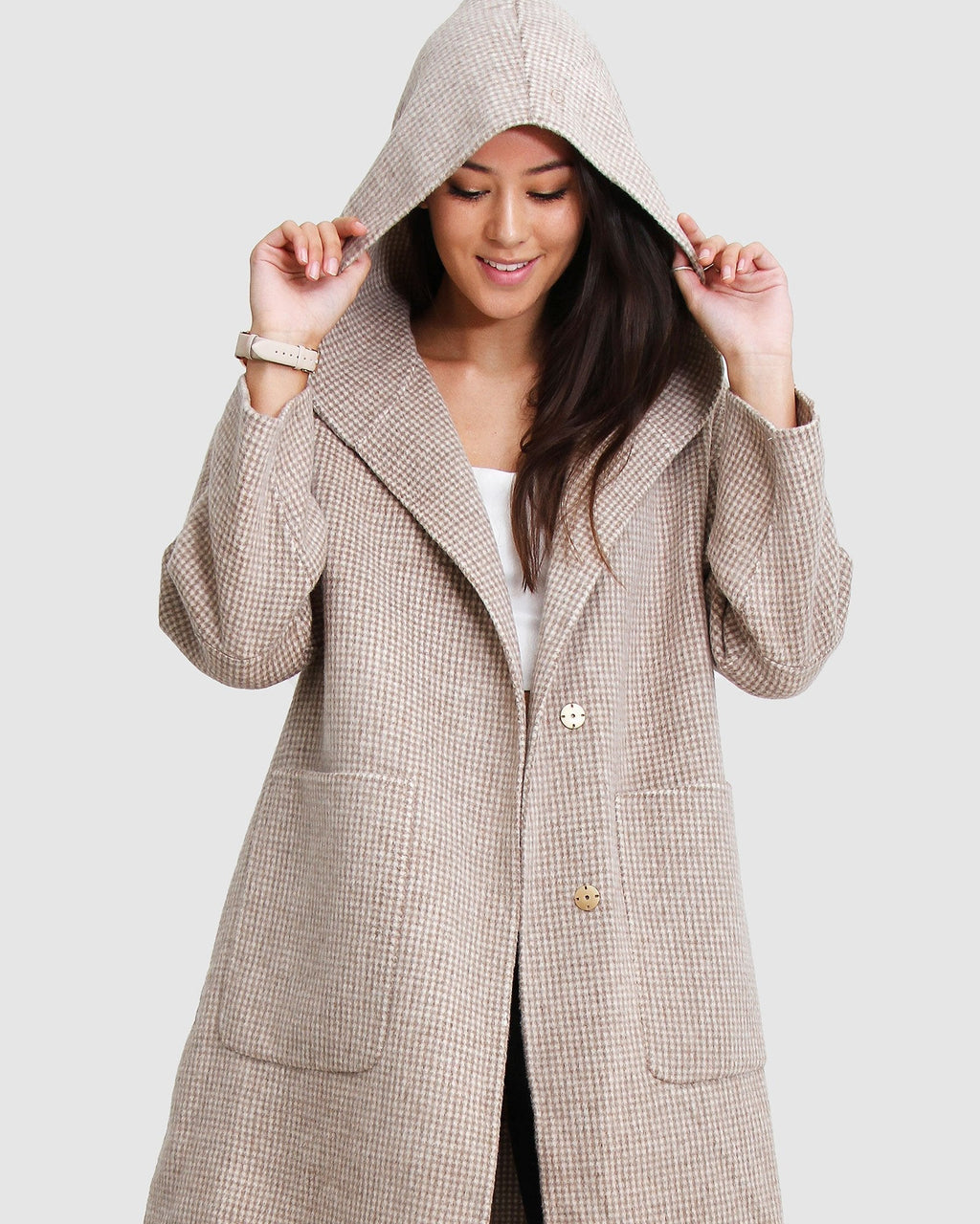 Harlow Hooded Wool Blend Coat – Beige by Aurelia Sun