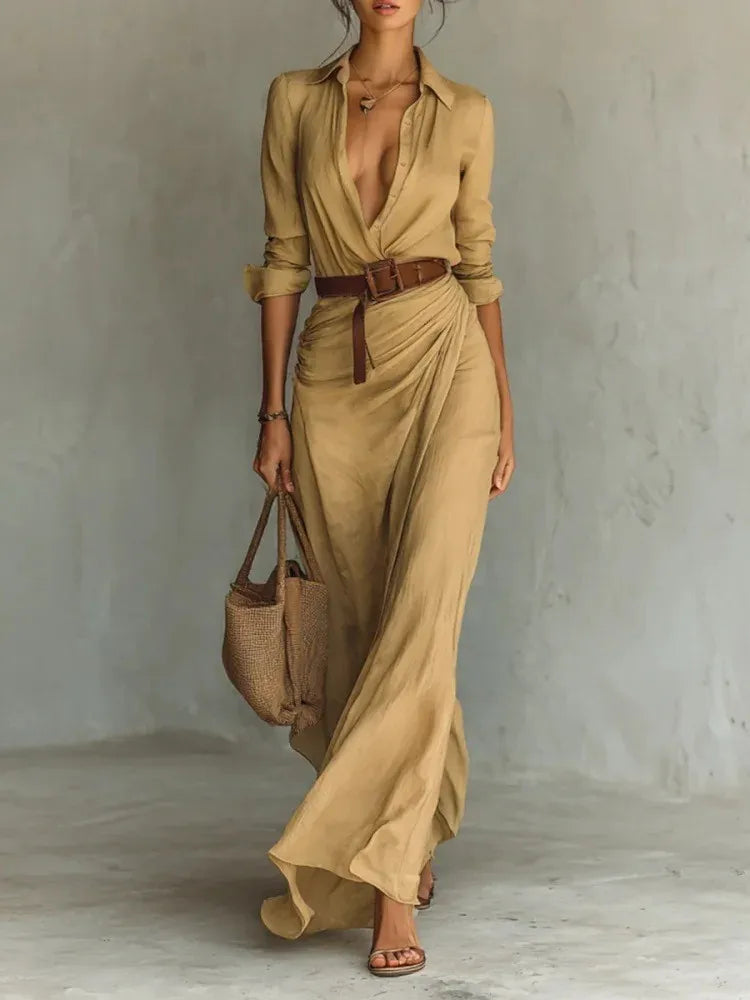 Women's Belted Maxi Shirt Dress – Beige