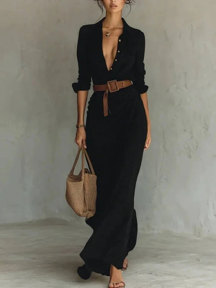 Women's Belted Maxi Shirt Dress – Beige