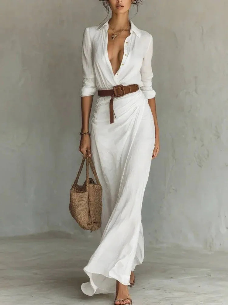 Women's Belted Maxi Shirt Dress – Beige