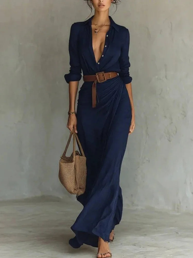 Women's Belted Maxi Shirt Dress – Beige