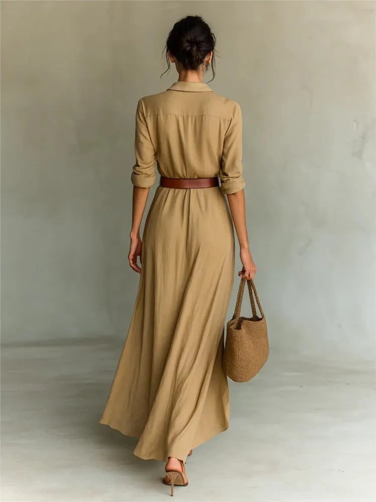 Women's Belted Maxi Shirt Dress – Beige