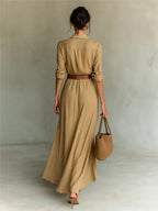 Women's Belted Maxi Shirt Dress – Beige