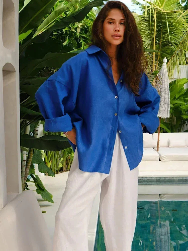 Women's Oversized Linen Blouse – Blue
