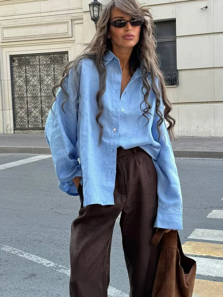 Women's Oversized Linen Blouse – Light Blue