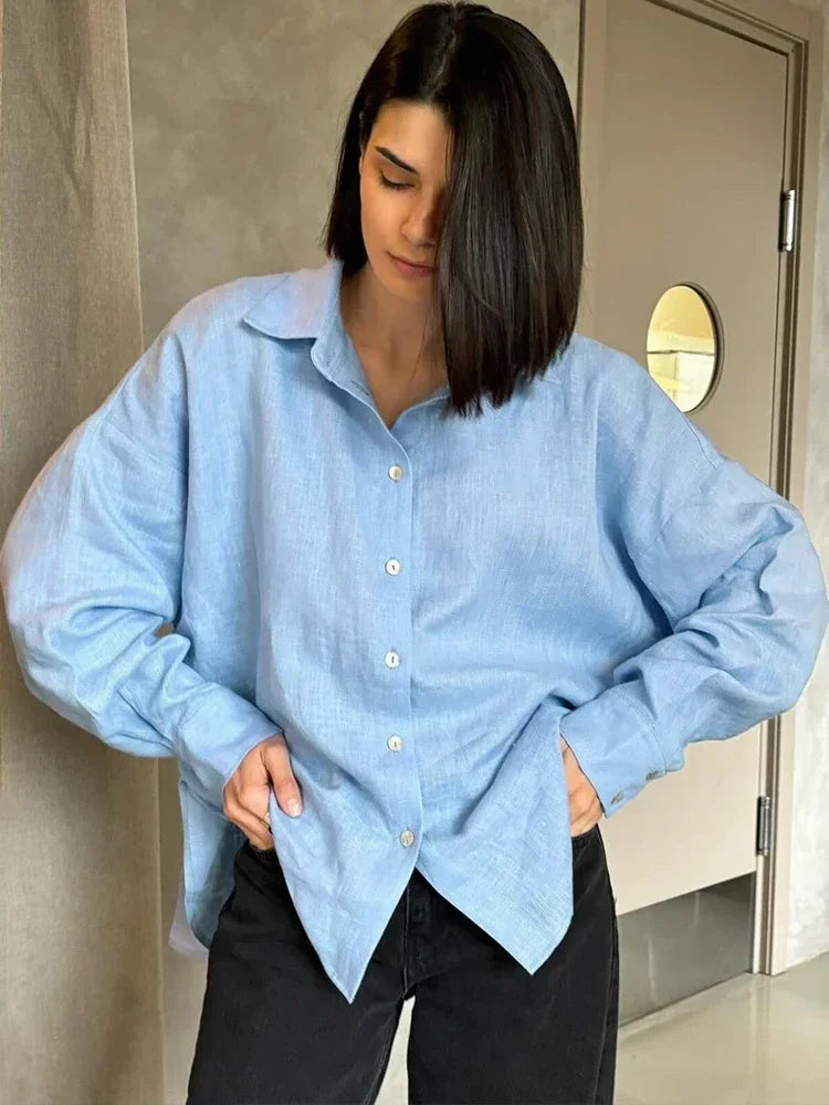 Women's Oversized Linen Blouse – Light Blue